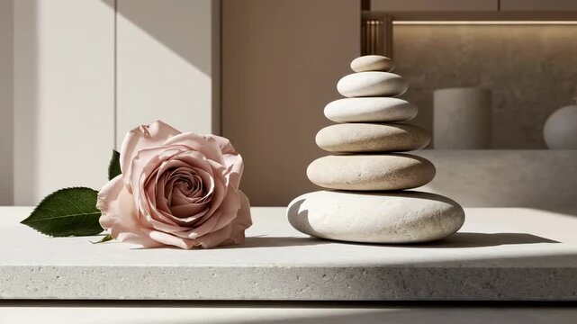 Minimal Zen Floral Arrangement Concept rendered in a high-key modern interior, muted pastel background with clean architectural lines, a soft blush rose resting horizontally on a flat stone slab with