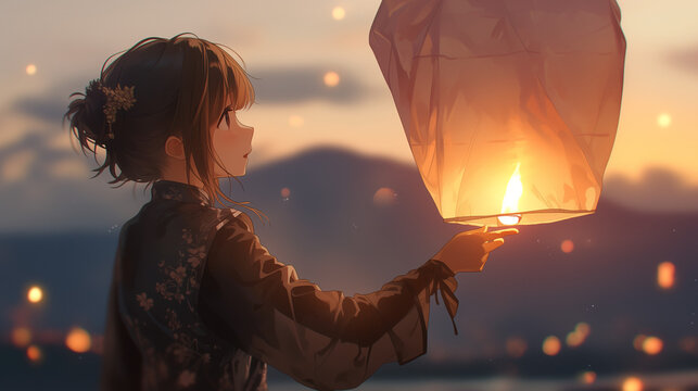 夕暮れの空に輝くスカイランタンを放つアニメ風の少女