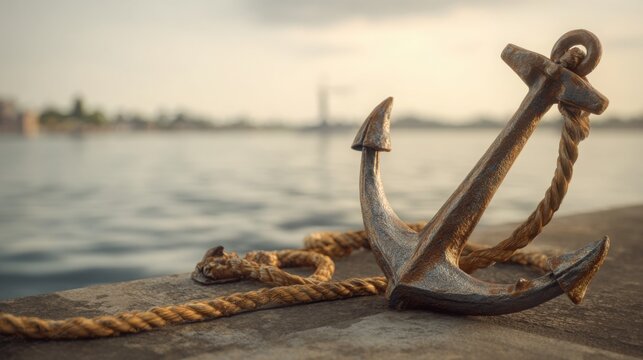 large metal ship anchor resting on harbor dock, maritime equipment with textured rust and rope attached, calm sea and soft horizon light