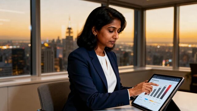 Businesswoman tapping tablet and activating animated bar highlights, reviewing rising chart