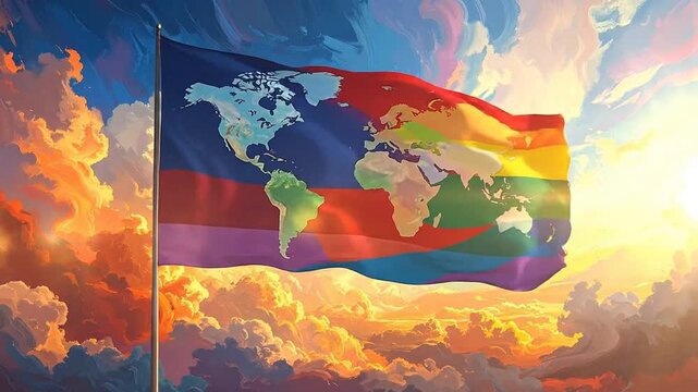 A vibrant flag featuring a world map and rainbow colors, set against a stunning sunset background.