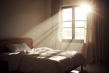 Obraz premium A bed in a room, sunlight streaming through the window.