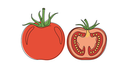 Fototapeta premium Realistic illustration of a whole red tomato and a half slice showing the seeds and internal structure on a white background.