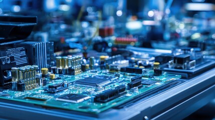 Obraz premium modern electronic equipment with circuit boards and precision tools on workbench, technology engineering concept, bright lighting, hyper realistic