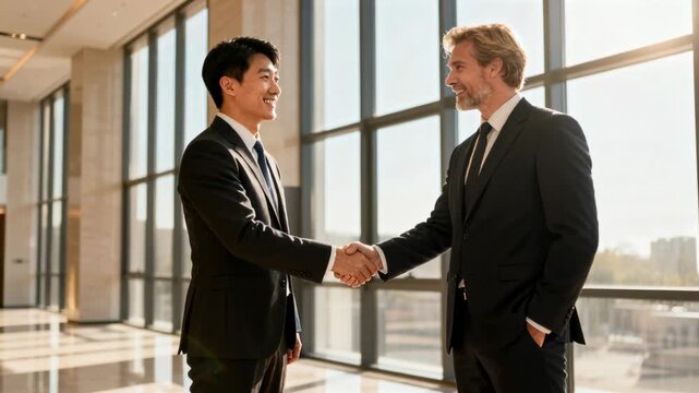 Extending right hand, two businessmen shaking hands in lobby wearing dark suits and ties, greeting