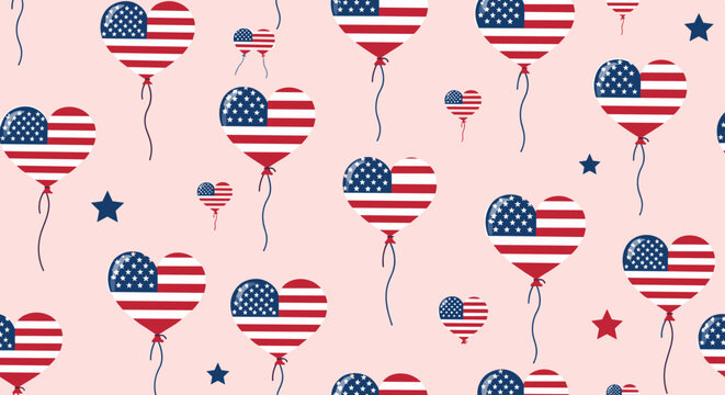 Patriotic seamless pattern with heart shaped balloons featuring the United States flag pattern and stars on pink.