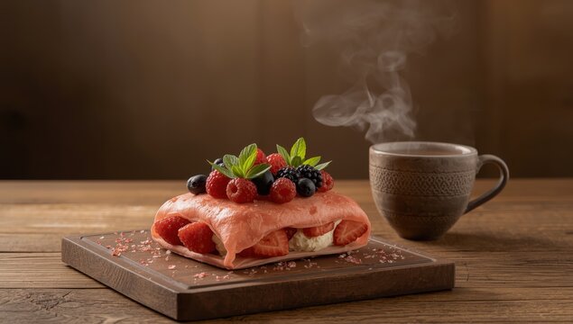 Side view of a red qatayef dessert with cream and fresh berries on a wooden surface