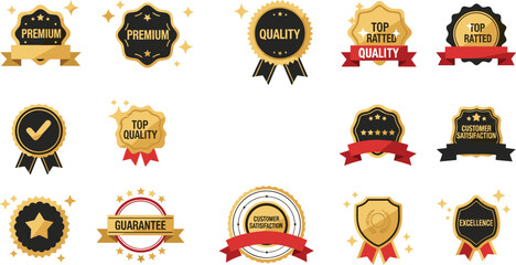 Premium Quality Badge and Guarantee Label Icon Set with Gold Award Seals Customer Satisfaction Top Rated Vector Illustration Collection