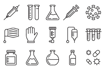 Obraz premium Modern Outline Vector Icons for Medical, Laboratory, and Scientific Applications. Featuring Syringes, Test Tubes, and Healthcare Elements.