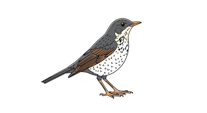 Detailed ornithological illustration of a fieldfare bird with realistic feathers and colors standing on a white background.