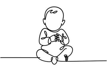 Simple line drawing of a baby sitting and holding a toy