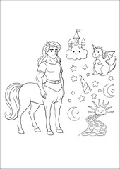 Obraz premium Centaur coloring page with a mythical character and magical elements set