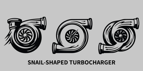 Snail-Shaped Automotive Turbocharger Vector Icons with Airflow Swooshes and Boost Gauge Technical Turbocharger Vector Illustrations: Twin Scroll, Airflow Dynamics, and Pressure Gauge  © Emmanual