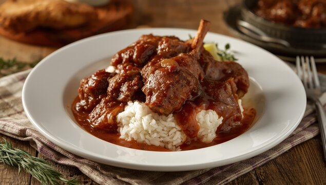 Southern-style oxtails in onion gravy, served with rice