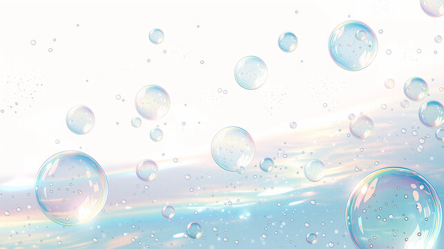 明るい水色を背景に浮かぶ虹色のシャボン玉