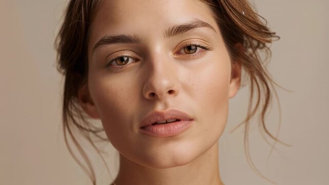 Starting, woman turning head, shifting gaze and parting lips for portrait in studio, bare shoulders