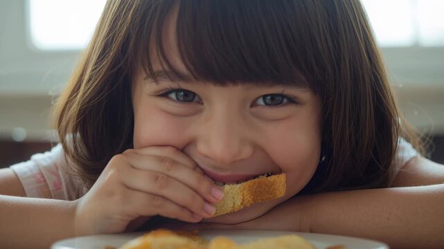 Morning sunlight drawing girl in pink top leaning and eating toast on white plate for snack