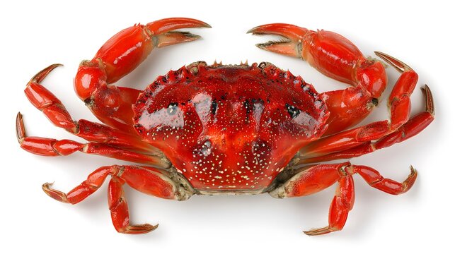 A vibrant red crab with its claws raised, isolated on a white background.