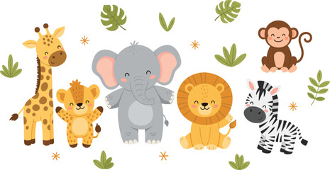 Cute safari animals cartoon set with giraffe lion elephant zebra and monkey jungle wildlife vector illustration © MdAbdul