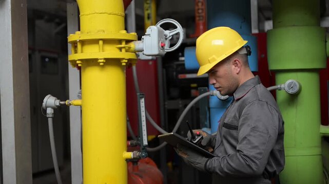 Asian industrial plant maintenance engineer inspecting factory pipeline system using digital tablet and communication radio. Professional worker checking manufacturing facility valve pressure equipmen