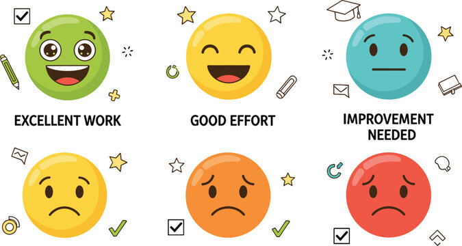 Student performance feedback emoji set with excellent good effort and improvement needed school evaluation vector illustration