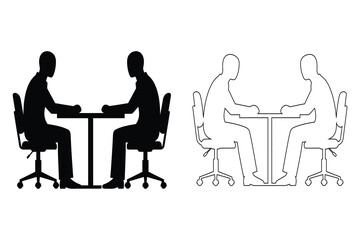 Two businessmen sitting at a table in silhouette and outline