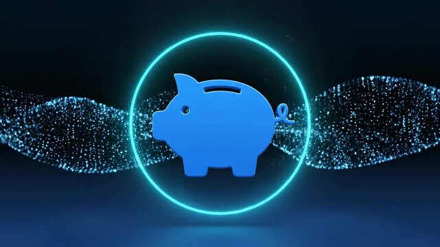 Financial Security Concept with Savings Icon, a semi-abstract composition featuring a simplified piggy bank silhouette formed from smooth matte material, enclosed within a luminous circular outline