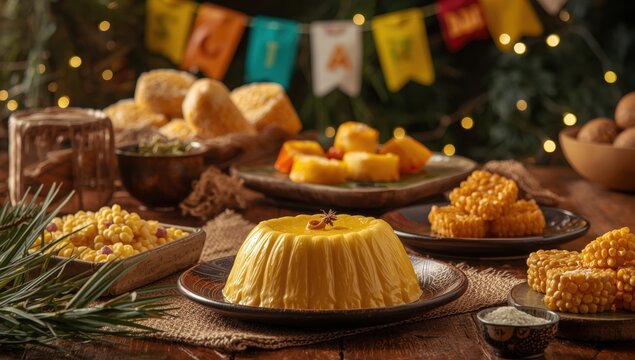 Sweet corn pudding, known as Curau, jimbel&ecirc;, or hominy, alongside regional sweets from Brazil's June festivals
