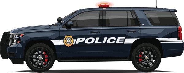 Dark blue police SUV illustration, modern patrol vehicle design, law enforcement transportation artwork, emergency response concept, tactical security car graphic style © MDGOLAP