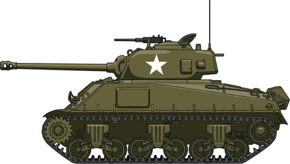 Side view illustration of World War II M4 Sherman tank in olive green with white star insignia, turret gun, machine gun, tracks, and suspension system details. © MstNur