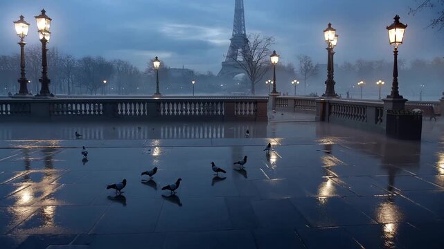 Ducks swim on a rainy Parisian bridge with Eiffel Tower in the background at dusk.