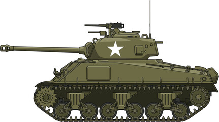 Side view illustration of World War II M4 Sherman tank in olive green with white star insignia, turret gun, machine gun, antenna, and tracked suspension system. © MstNur