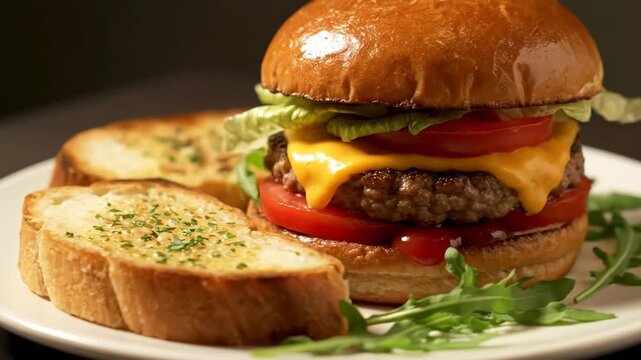 Delicious Cheeseburger and Garlic Bread - An appetizing cheeseburger is presented on a white plate with slices of golden garlic bread and fresh arugula.