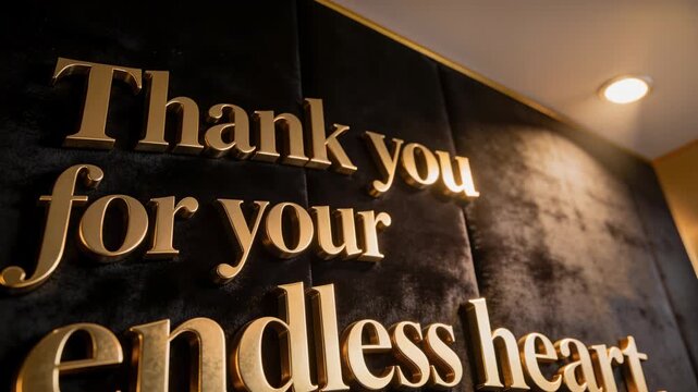 Pulling back camera revealing mounted gold letters on dark tufted wall in lobby with warm downlight