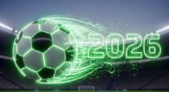 Glowing soccer ball with 2026 neon text overlay