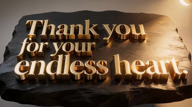 Revealing 3D gold text on stone slab as warm spotlight rising and camera zooming, showing depth