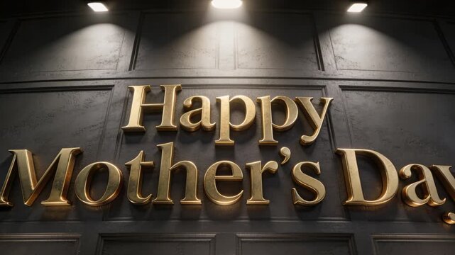 Camera pulling back, lights shifting, gold Happy Mother's Day sign revealing panel for retail