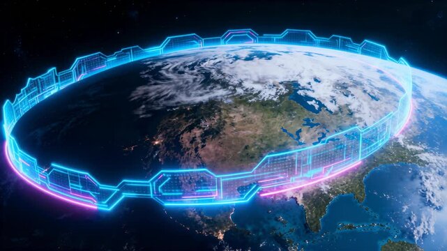 Panning camera revealing neon ring encircling Earth in orbit, exposing North America lights