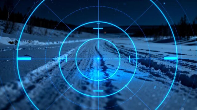 HUD detecting tire rut and initiating tech scan on snowy road, pulsing then stabilizing on track