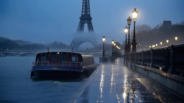 A boat cruises along the Seine River in Paris on a foggy evening with Eiffel Tower in the background.