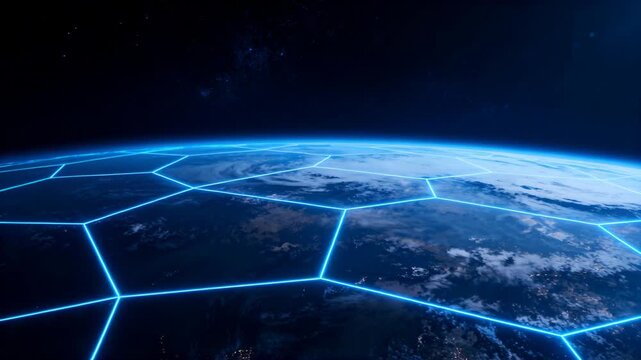 Panning camera showing planet surface with neon-blue hex grid in orbit, revealing cyclone limb glow