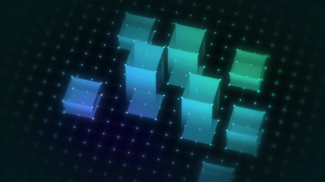Futuristic blockchain data network with glowing cubes and digital grid technology background