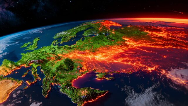 Earth rotating, orbital cam panning, showing red glow spreading Europe with meteors for tech demo