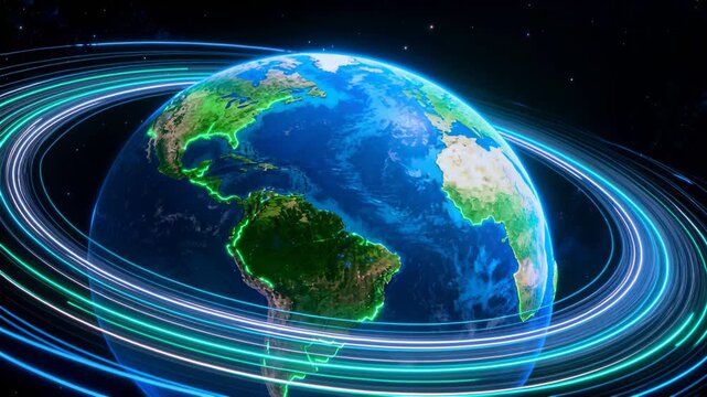 Playback starting, planet rotating while neon rings circling rim, showing coasts for tech