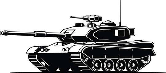 Black and white side view illustration of modern battle tank with long barrel gun, turret machine gun, armored plating, sensors, and continuous tracked wheel suspension system. © MstNur