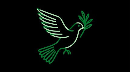 Fototapeta premium Neon Green Dove with Olive Branch Symbolizing Peace, Hope, and Freedom on a Dark Black Background