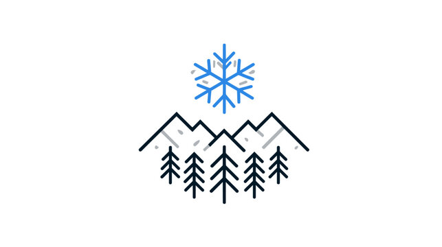 Minimalist Winter Mountain Landscape with Pine Trees and Snowflake Icon for Cold Weather and Seasonal Design