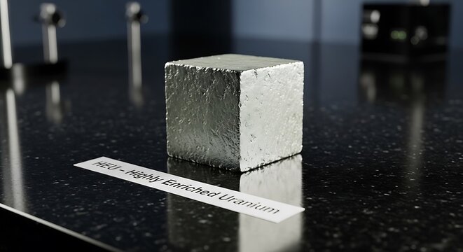 Highly enriched uranium cube on a dark laboratory surface