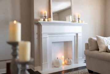 Naklejka premium A fireplace decorated for autumn with candles and pumpkins. It’s a cozy living room scene.