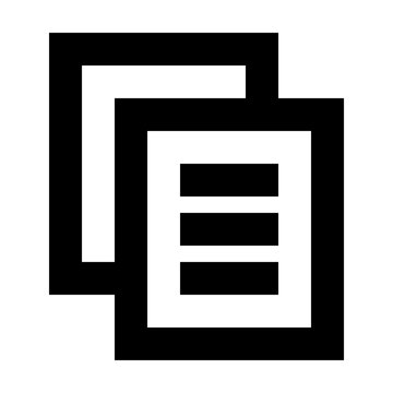 Copy icon for duplicating files, content, or documents in digital systems. Perfect for apps, dashboards, and websites using clean, bold, line-style visuals for copy and paste functionality.